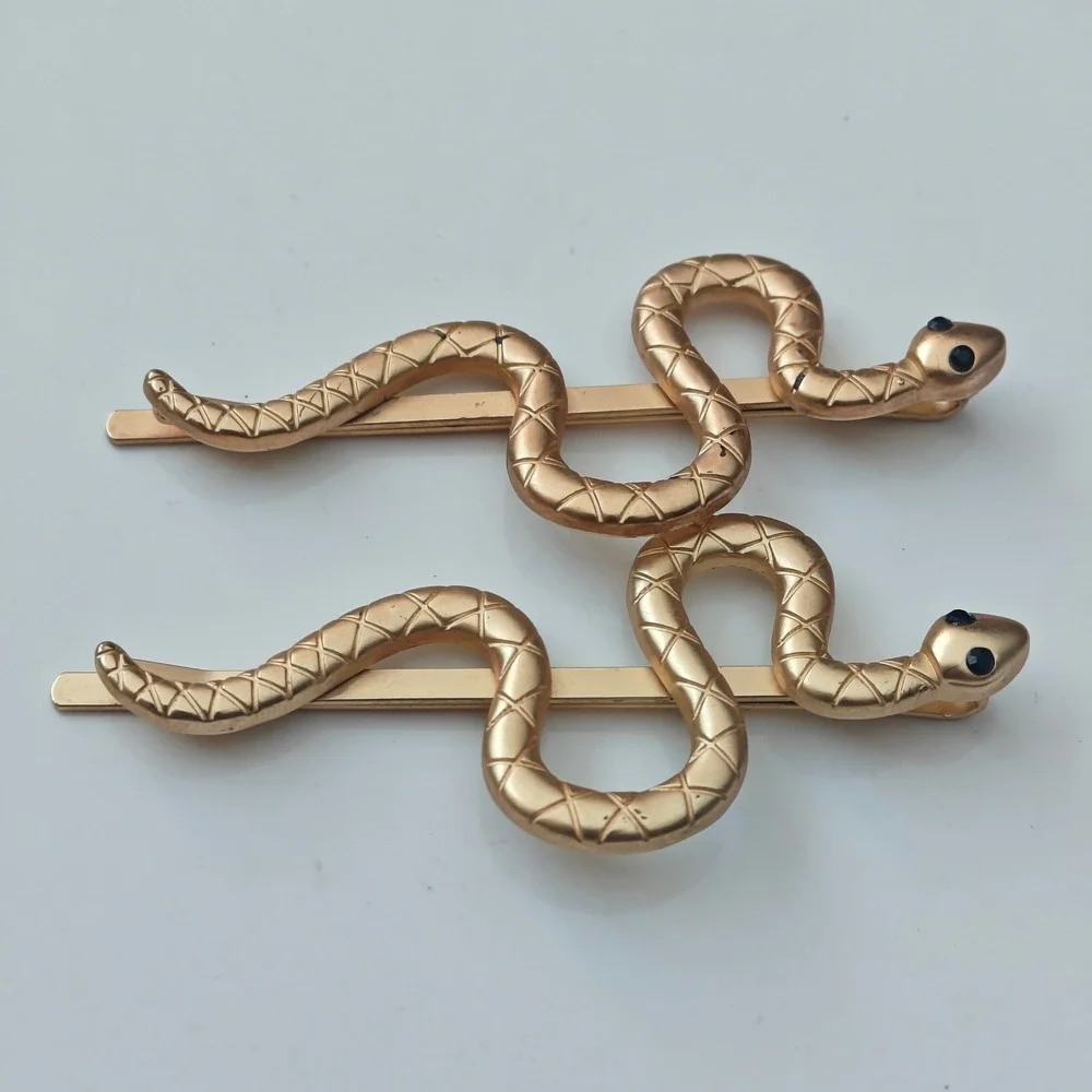 Gold Snake Hair Pins Set Black Rhinestone Eye Serpent Bobby Clips 2pc